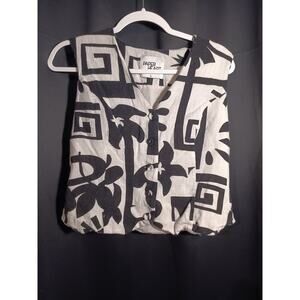 Paper Heart Lrg Linen Blend Black Ivory Geometric Summer Vest Button Front Tank